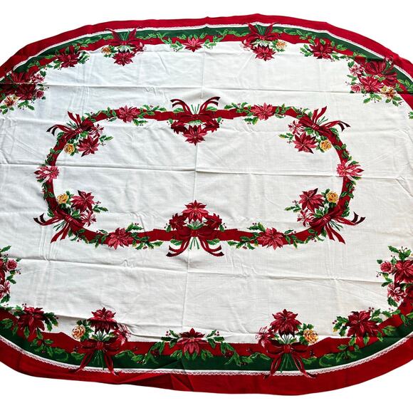 Vintage Christmas tablecloth long oval traditional red green white cotton blend - Picture 5 of 8